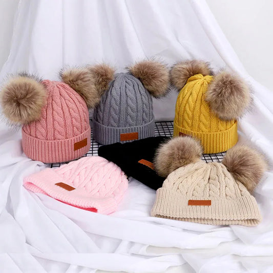 Cute double pompom wool hat for baby,